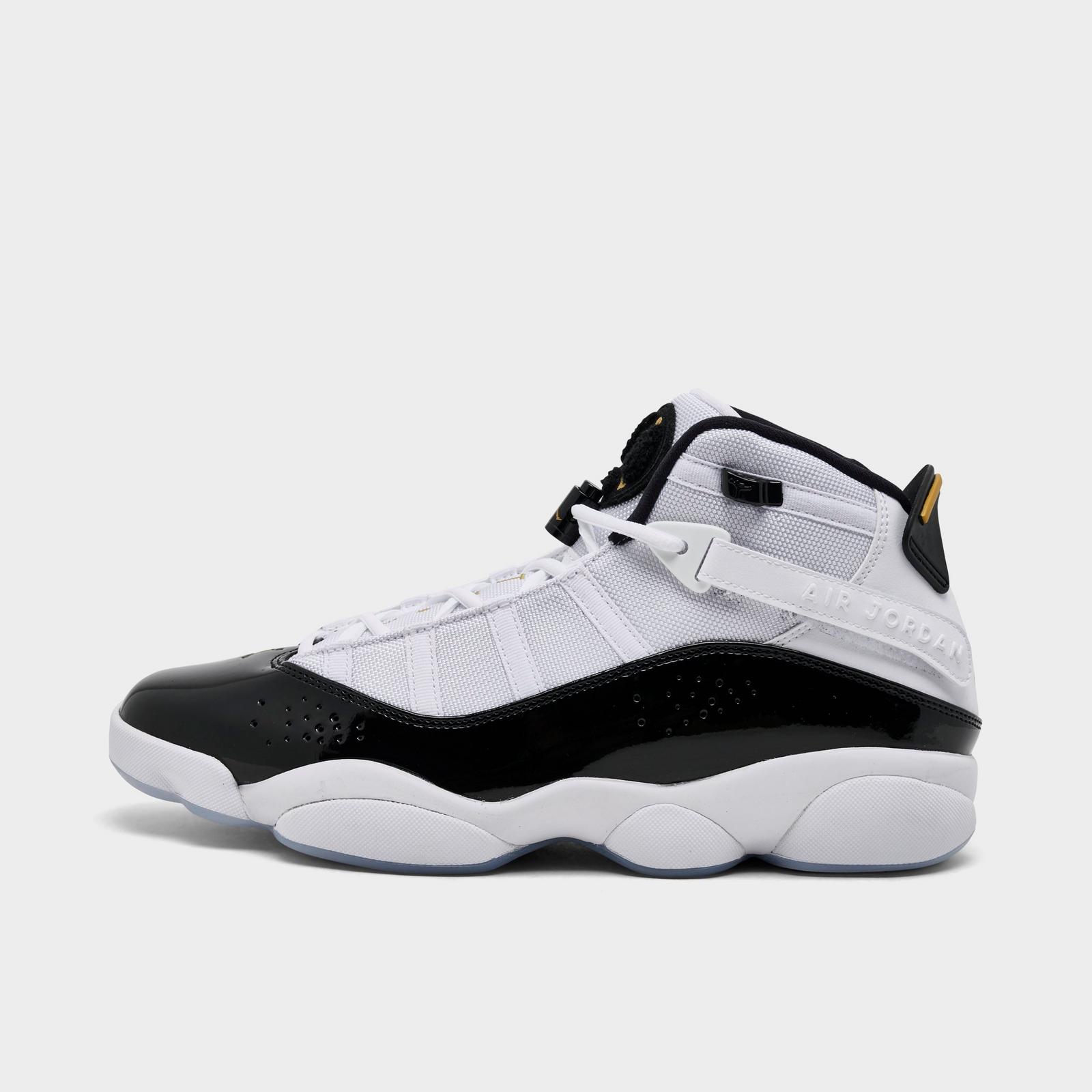 Men's Air Jordan 6 Rings Basketball Shoes - White/Black/Gold - Left shoe facing left. Outside of the shoe. - view 1