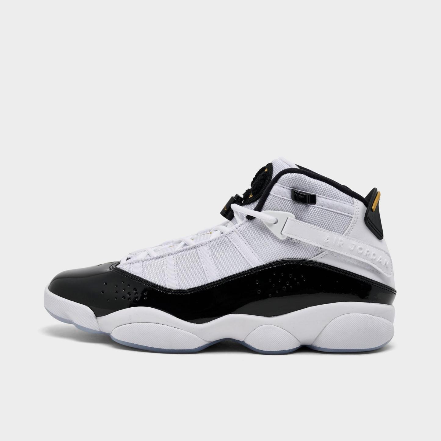 Men's Air Jordan 6 Rings Basketball Shoes - White/Black/Gold - Left shoe facing left. Outside of the shoe. - view 1