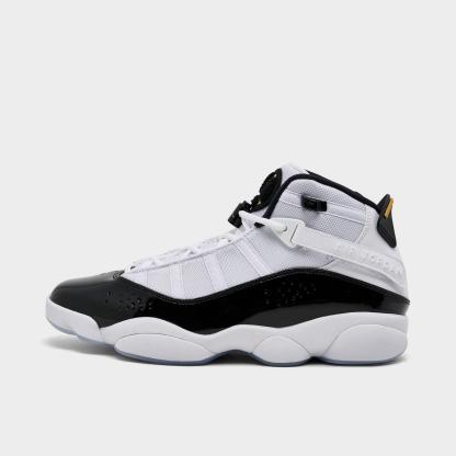 Men's Air Jordan 6 Rings Basketball Shoes - White/Black/Gold - Left shoe facing left. Outside of the shoe. - view 1