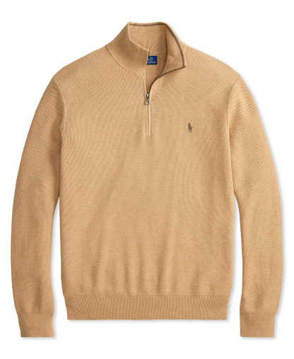 Polo Ralph Lauren Men's Mesh-Knit Cotton Quarter-Zip Sweater - Camel Melange