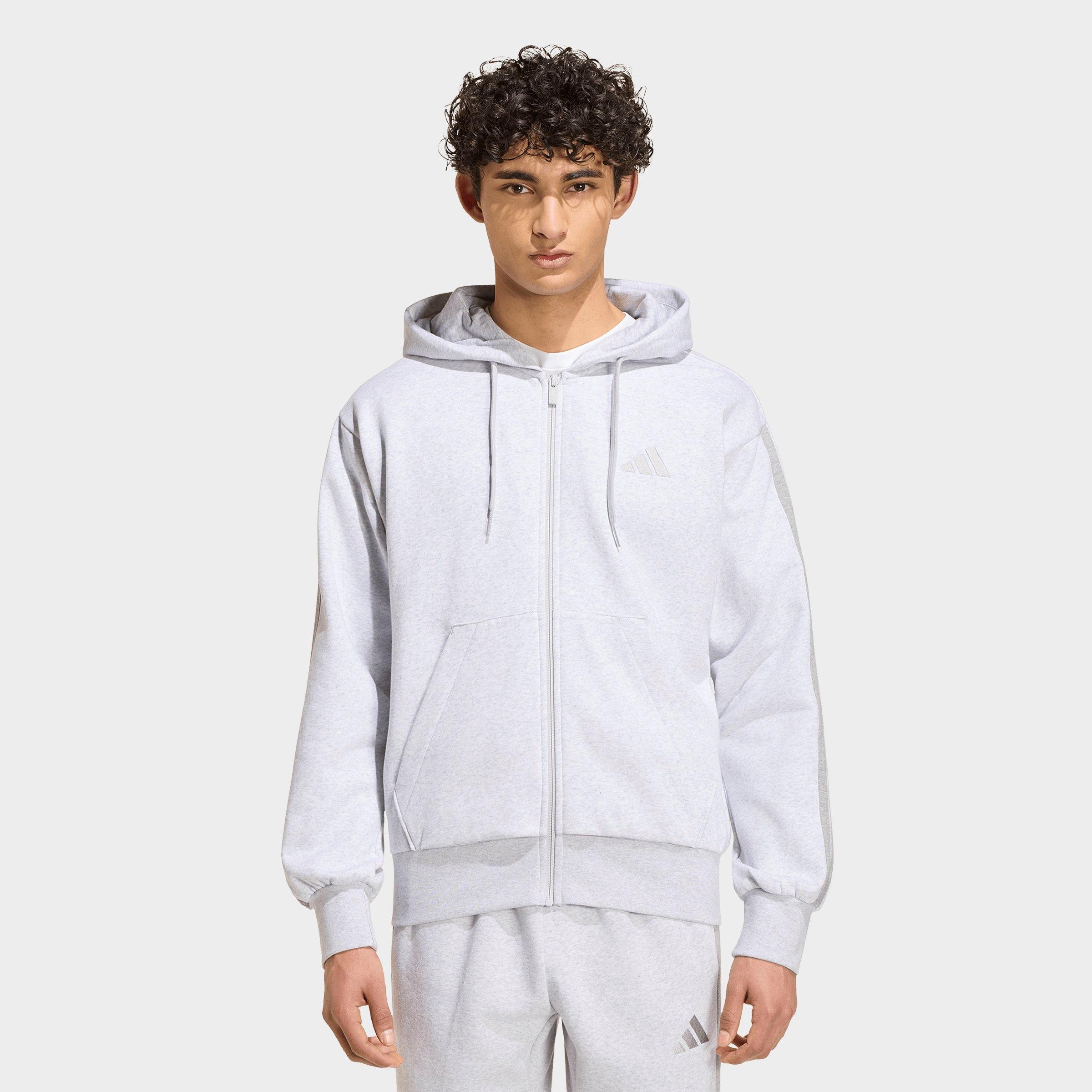 Men's adidas Essentials 3-Stripes Fleece Full-Zip Hoodie - Light Grey Heather/Medium Grey Heather