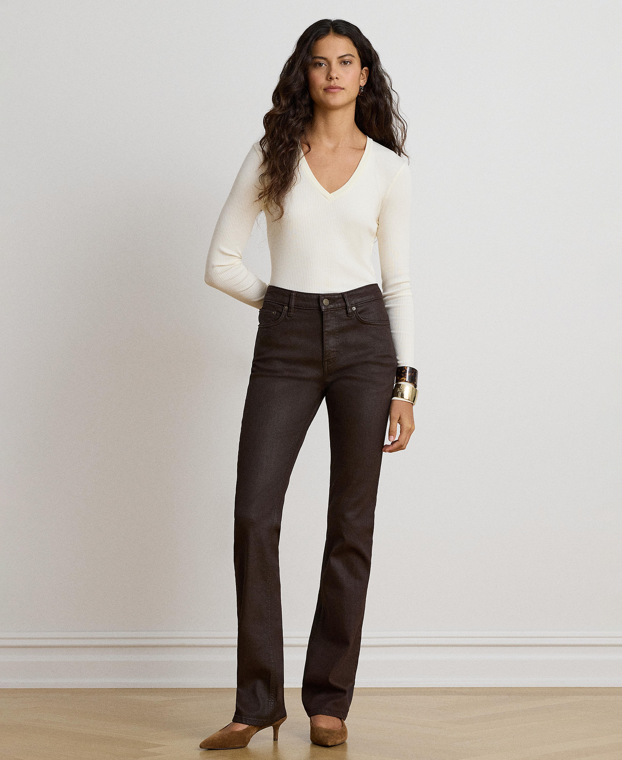 Lauren Ralph Lauren Women's Rib-Knit Long-Sleeve V-Neck Top - Mascarpone Cream