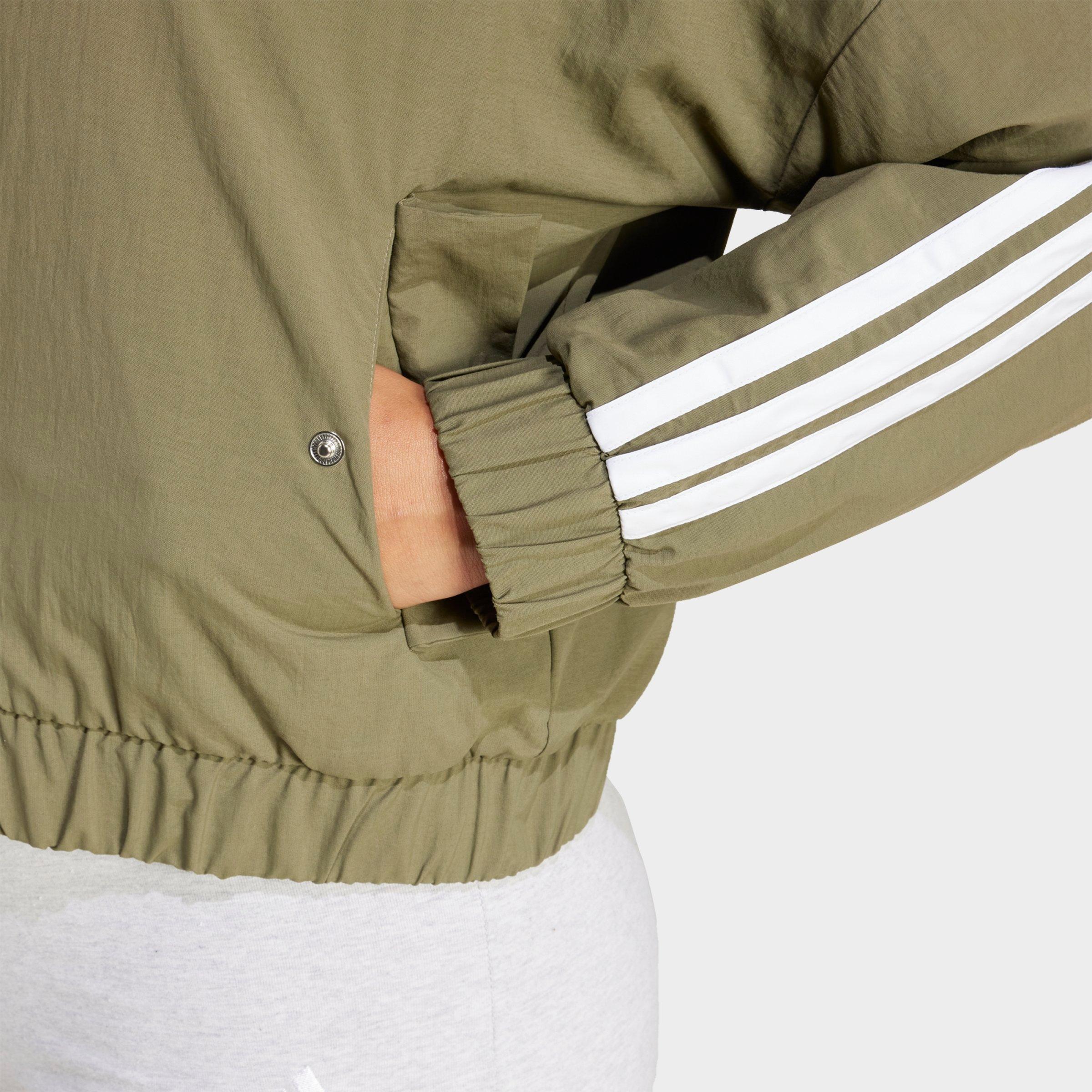 Women's adidas Sportswear Essentials 3-Stripes Lifestyle Woven Full-Zip Bomber Jacket - Olive Strata/White