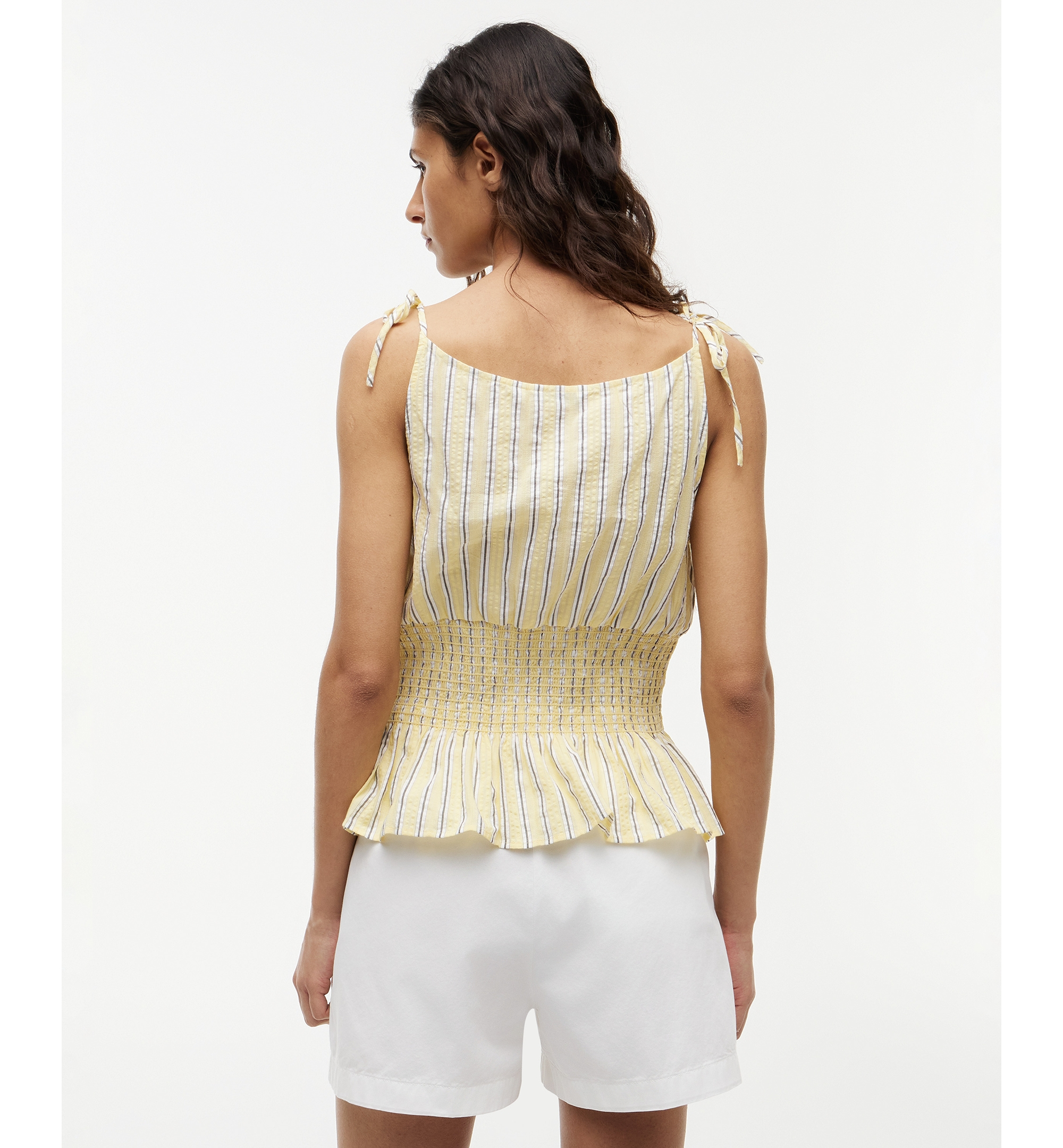 Tommy Hilfiger Women's Smocked Shoulder-Tie Top - Light Quartz Stripe Cream