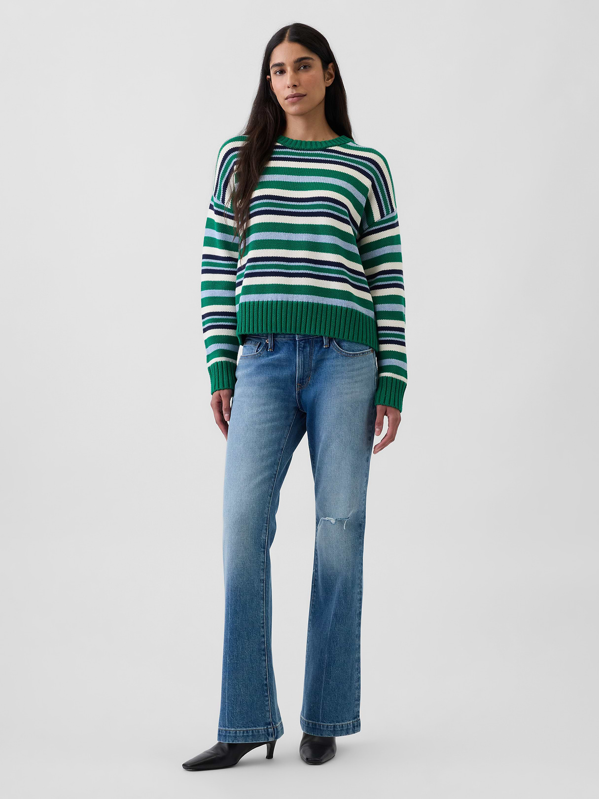 100% Cotton Oversized Crop Sweater - Green & blue stripe