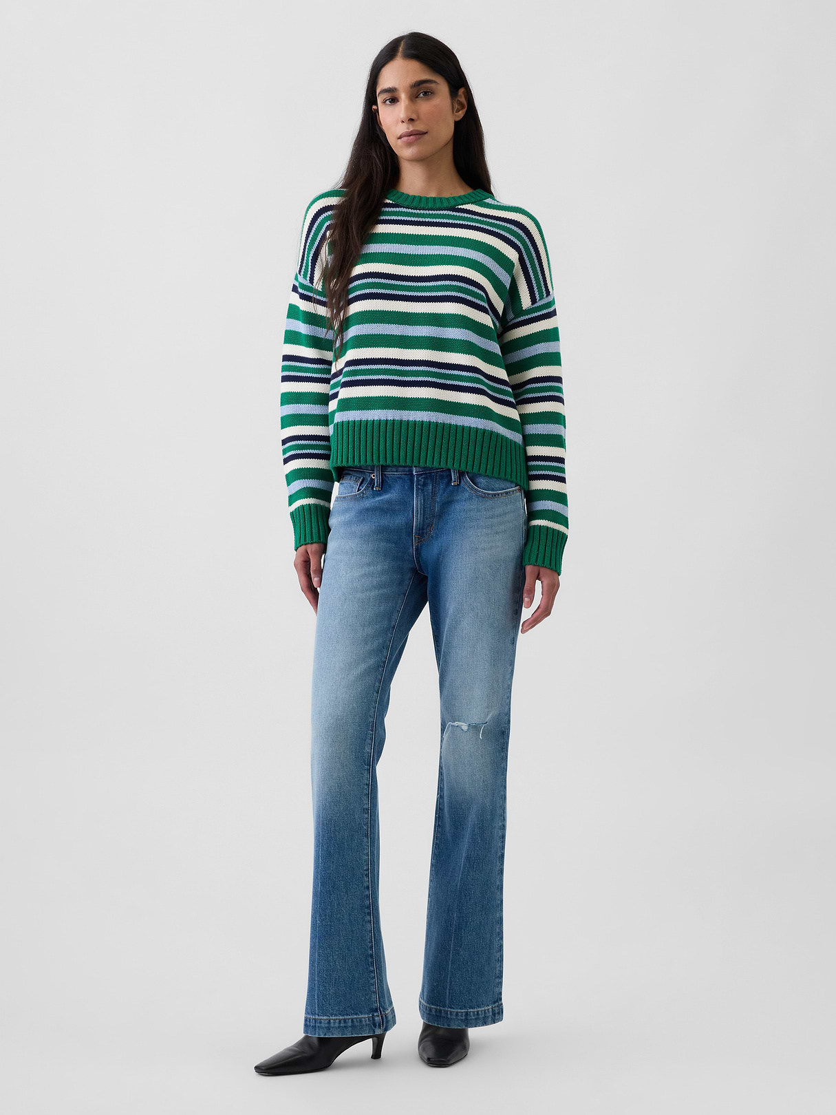 100% Cotton Oversized Crop Sweater - Green & blue stripe