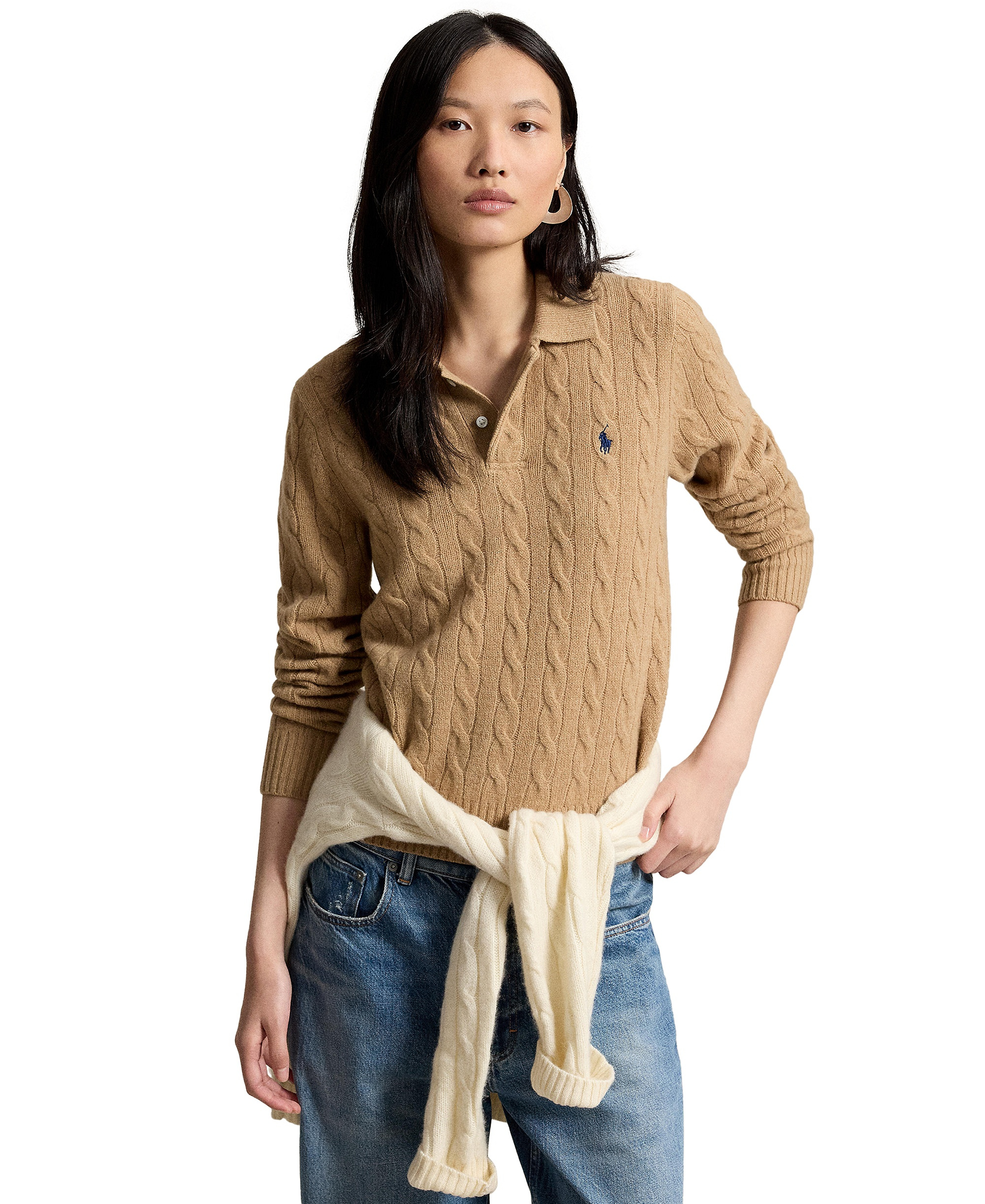Polo Ralph Lauren Women's Cable-Knit Long-Sleeve Wool-Cashmere Sweater - Collection Camel Melange