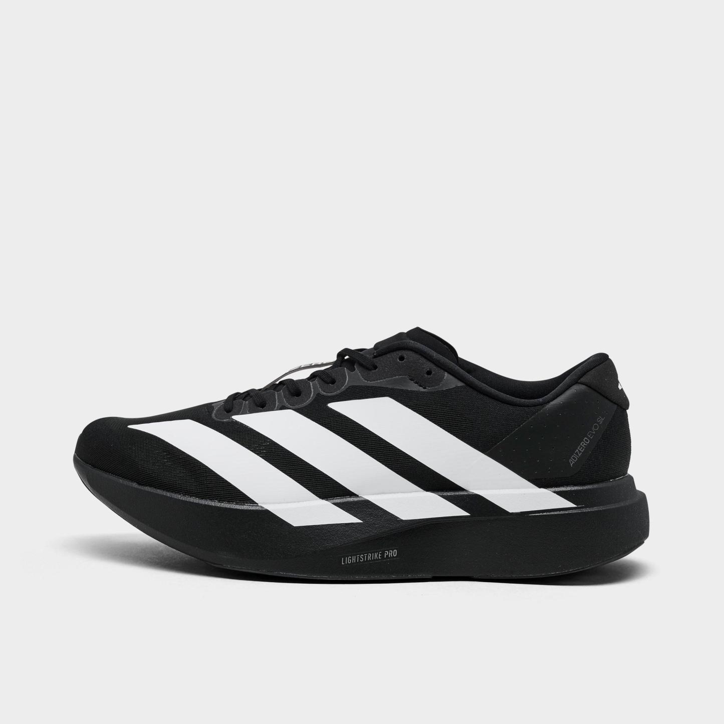 Men's adidas Adizero EVO SL Running Shoes - Part 2 - Black/White/Black - Left shoe facing left. Outside of the shoe.