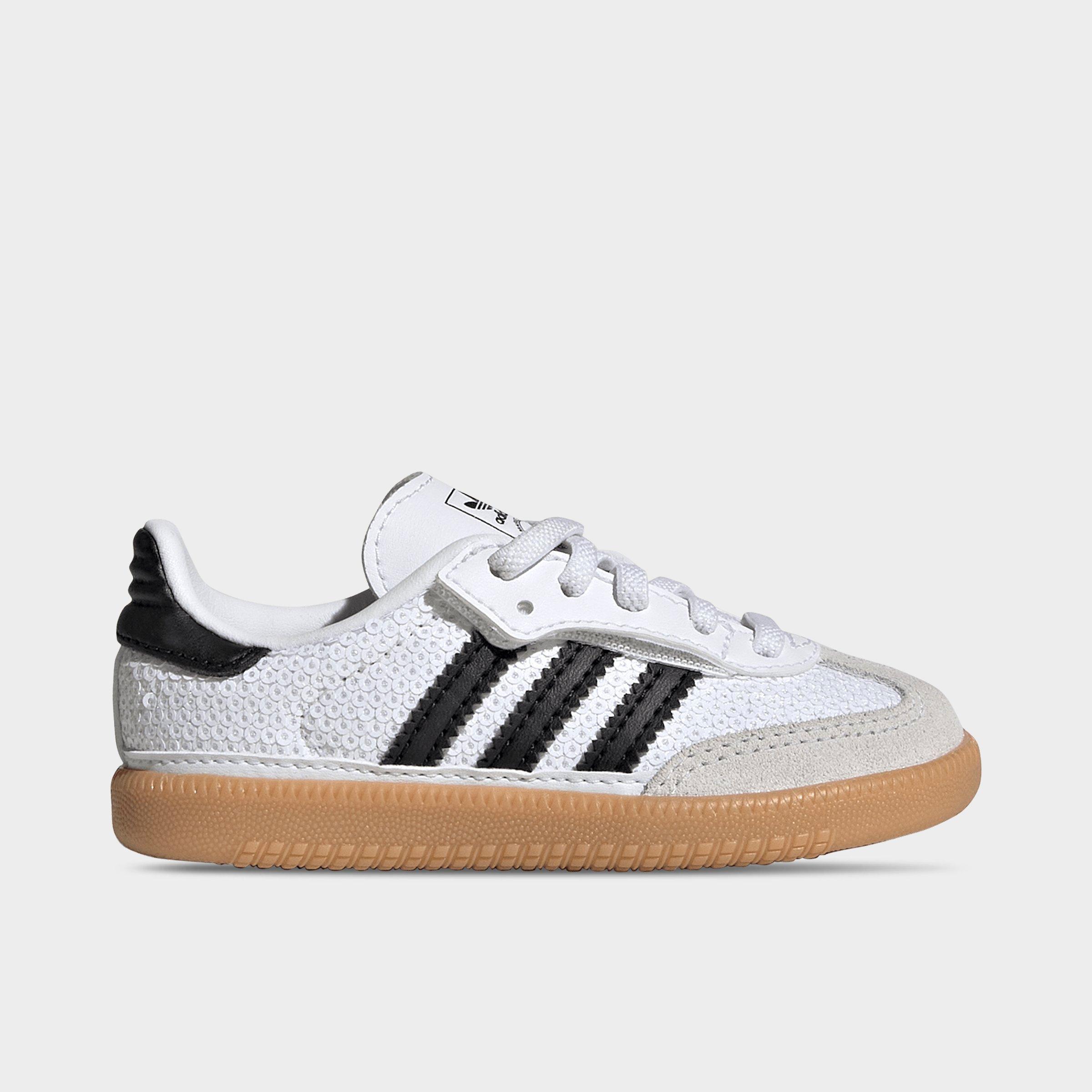 Kids' Toddler adidas Originals Samba OG Stretch Lace Casual Shoes - Footwear White/Core Black/Grey One - Left shoe facing left. Outside of the shoe.