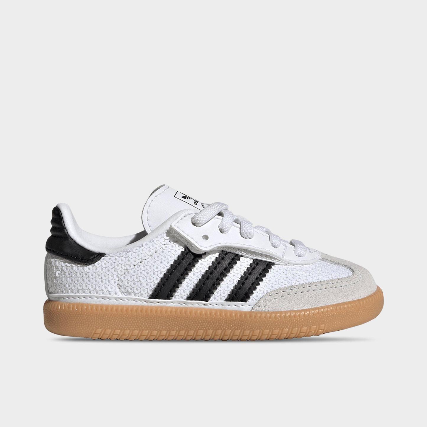 Kids' Toddler adidas Originals Samba OG Stretch Lace Casual Shoes - Footwear White/Core Black/Grey One - Left shoe facing left. Outside of the shoe.