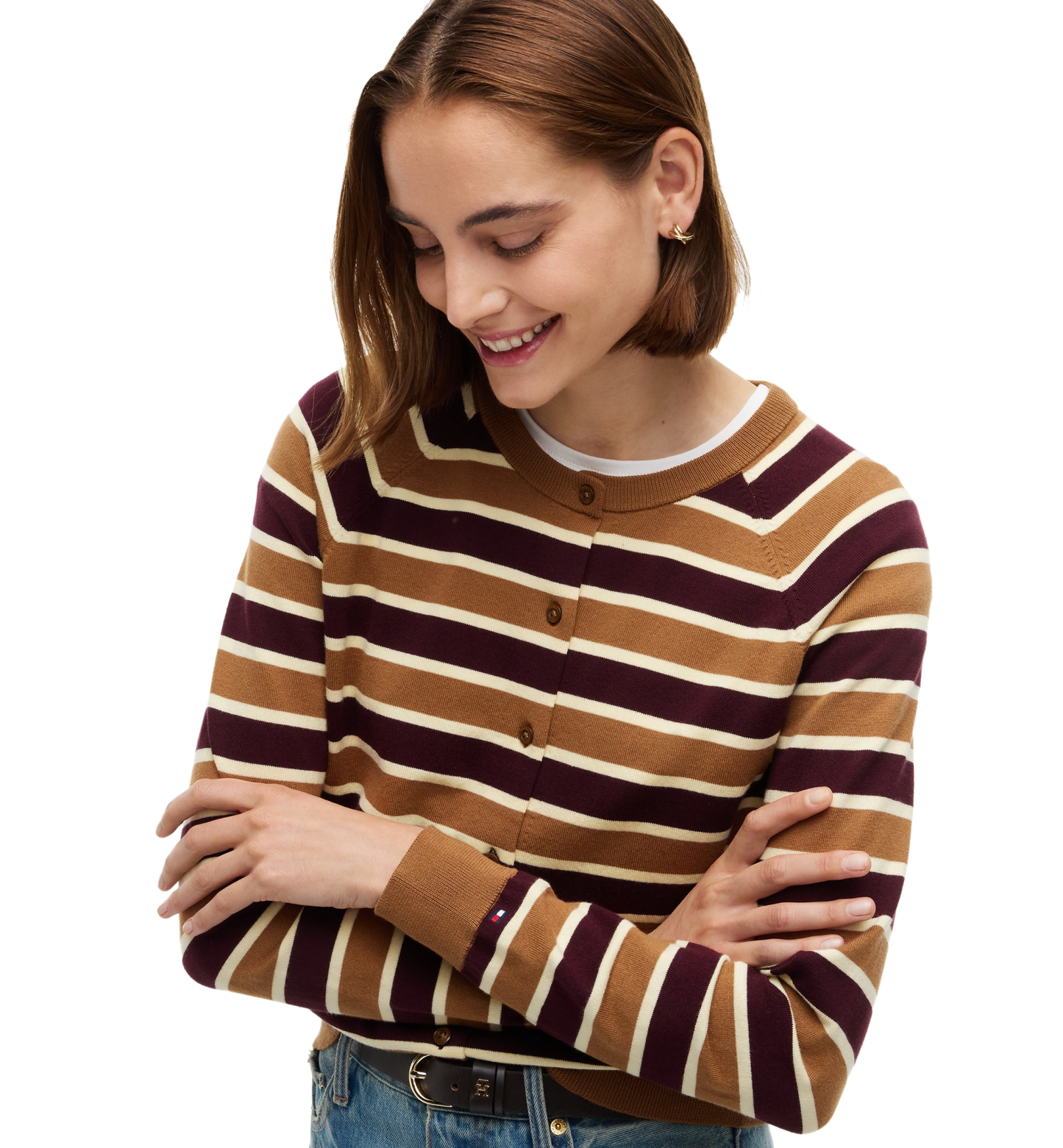 Tommy Hilfiger Women's Striped Slim-Fit Crewneck Cardigan - Studio Stripe Deep Burgundy Dark Khaki
