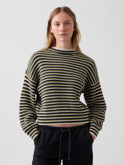 100% Cotton Oversized Rollneck Sweater - Green stripe