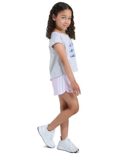 adidas Girls' 2T-6X Short-Sleeve Back Pleated Heather T-Shirt and Mesh Shorts, 2-Piece Set - Light Gray/Pink