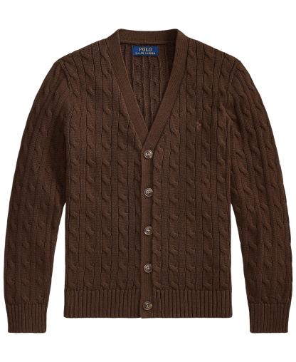 Polo Ralph Lauren Big Boys Cable-Knit Cotton V-Neck Cardigan Sweater - Nutmeg Brown