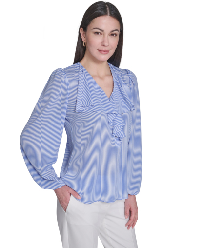 Tommy Hilfiger Women's V-Neck Striped Ruffle Blouse - French Blue/Ivory