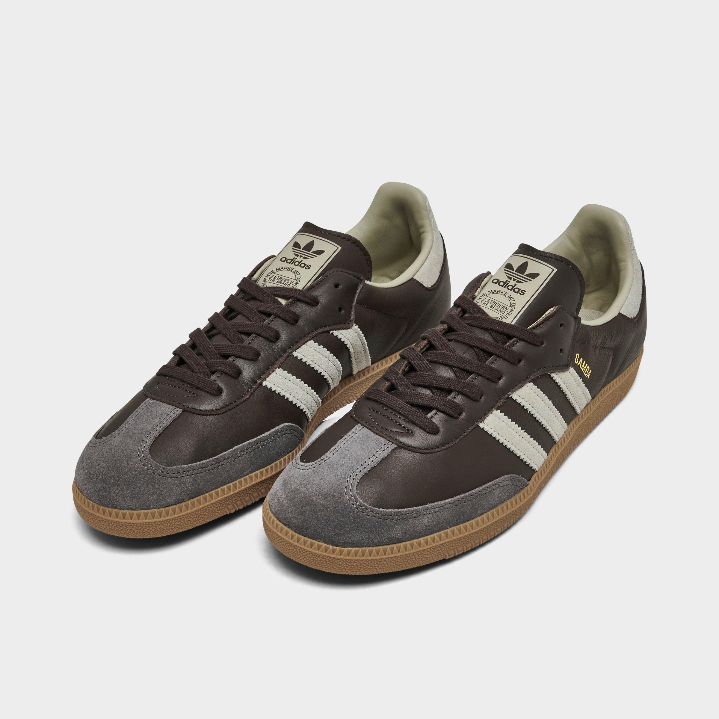 Men's adidas Originals Samba OG Casual Shoes - Part 1 - Brown/Putty Grey/Gold Metallic - Both shoes facing left