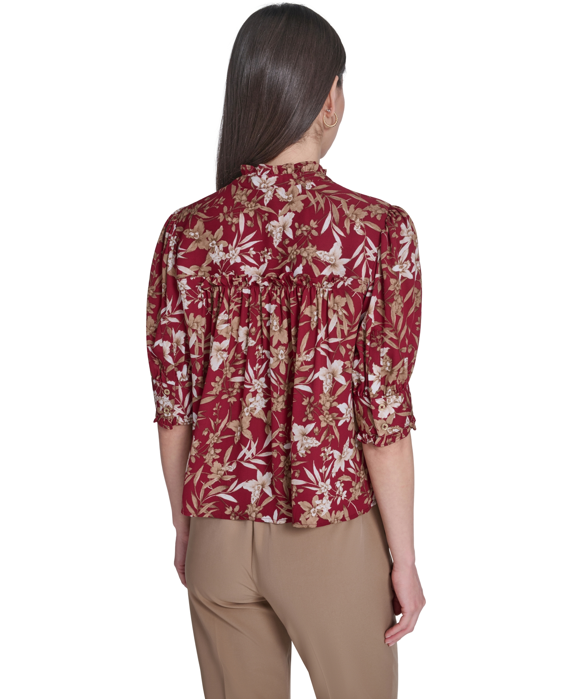 Tommy Hilfiger Women's Ruffle Puff-Sleeve Collared Shirt - Crimson/Tint