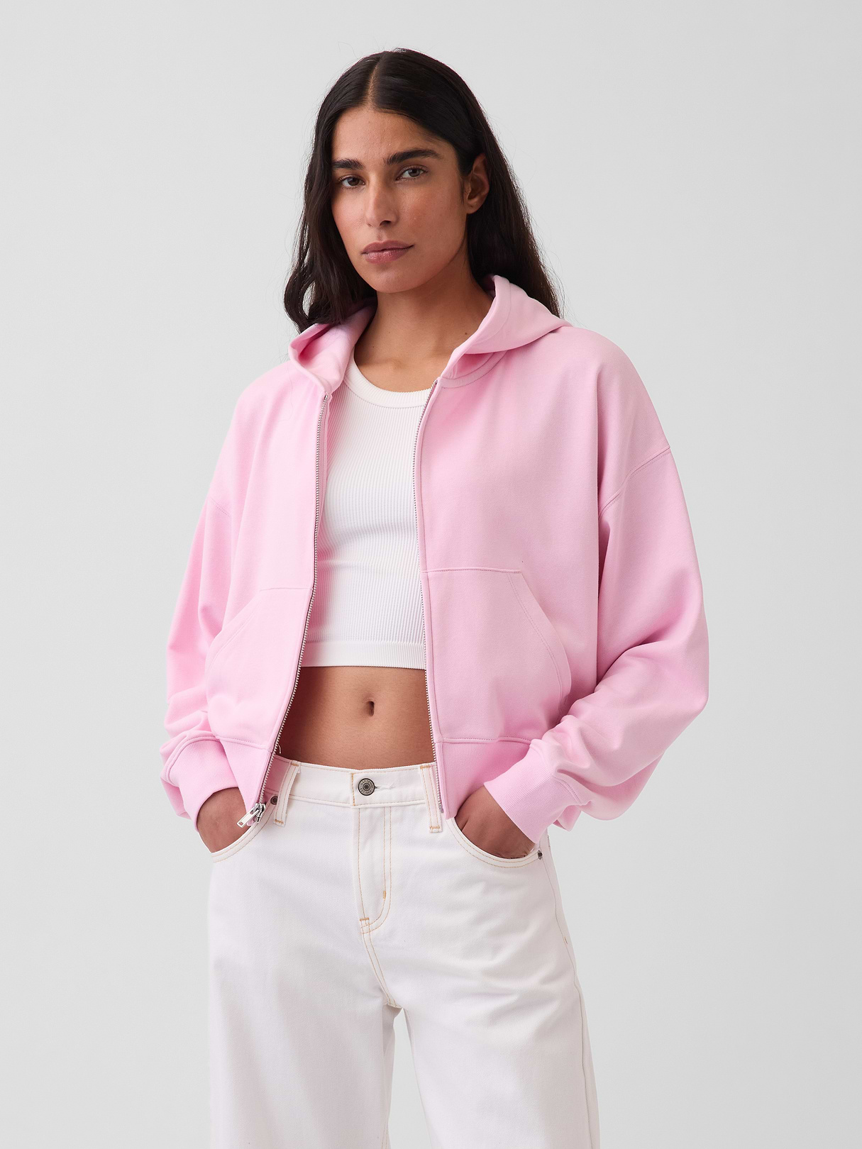 VintageSoft Terry Oversized Wedge Zip Hoodie - Light pink