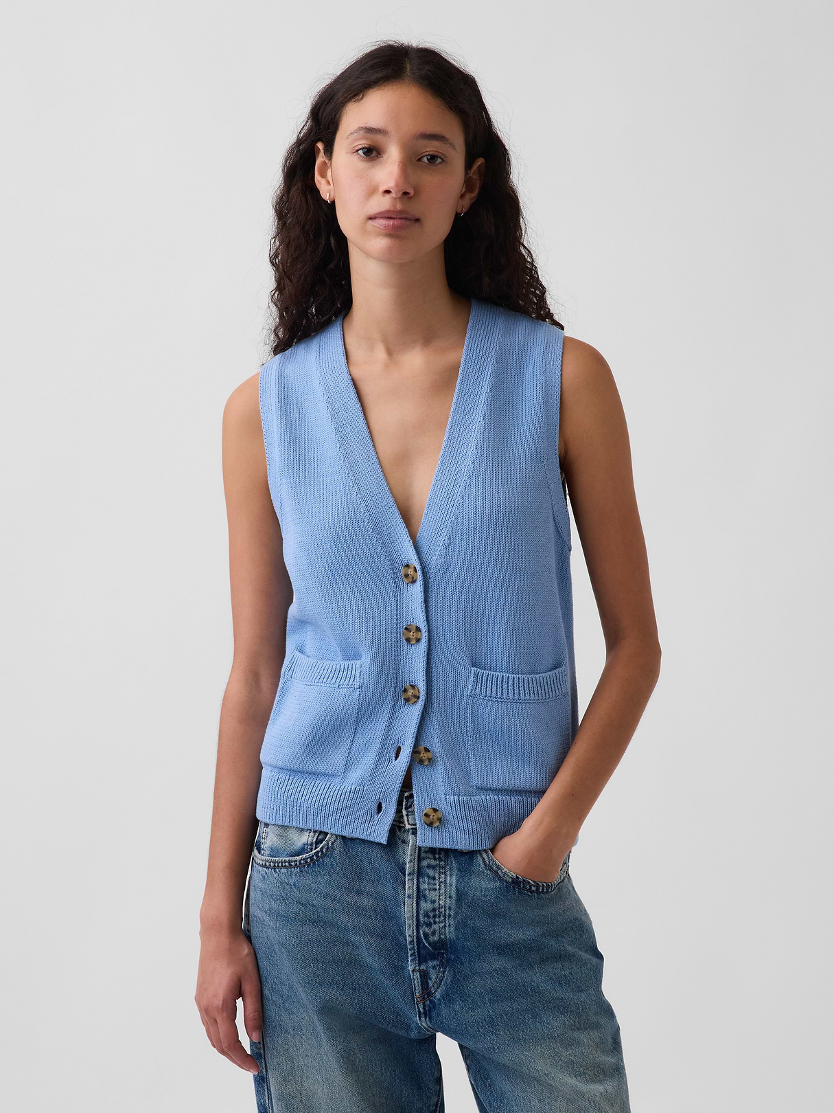 100% Cotton Pocket Sweater Vest - Blue suede