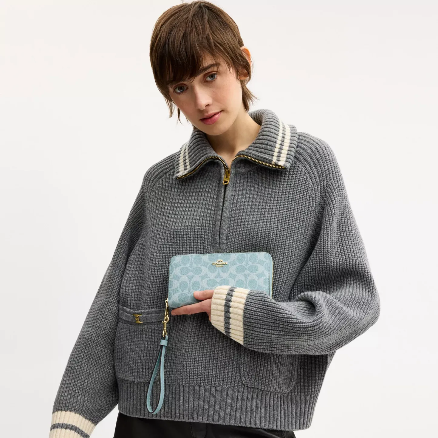 Long Zip Around Wallet In Signature Canvas - Gold/Light Blue - view 2