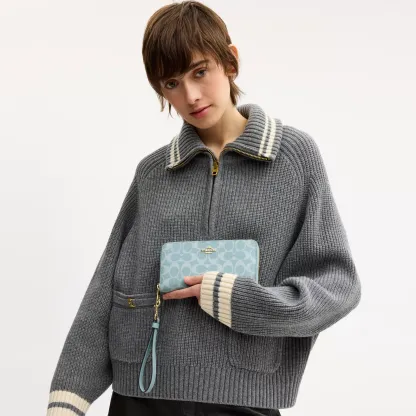 Long Zip Around Wallet In Signature Canvas - Gold/Light Blue - view 2