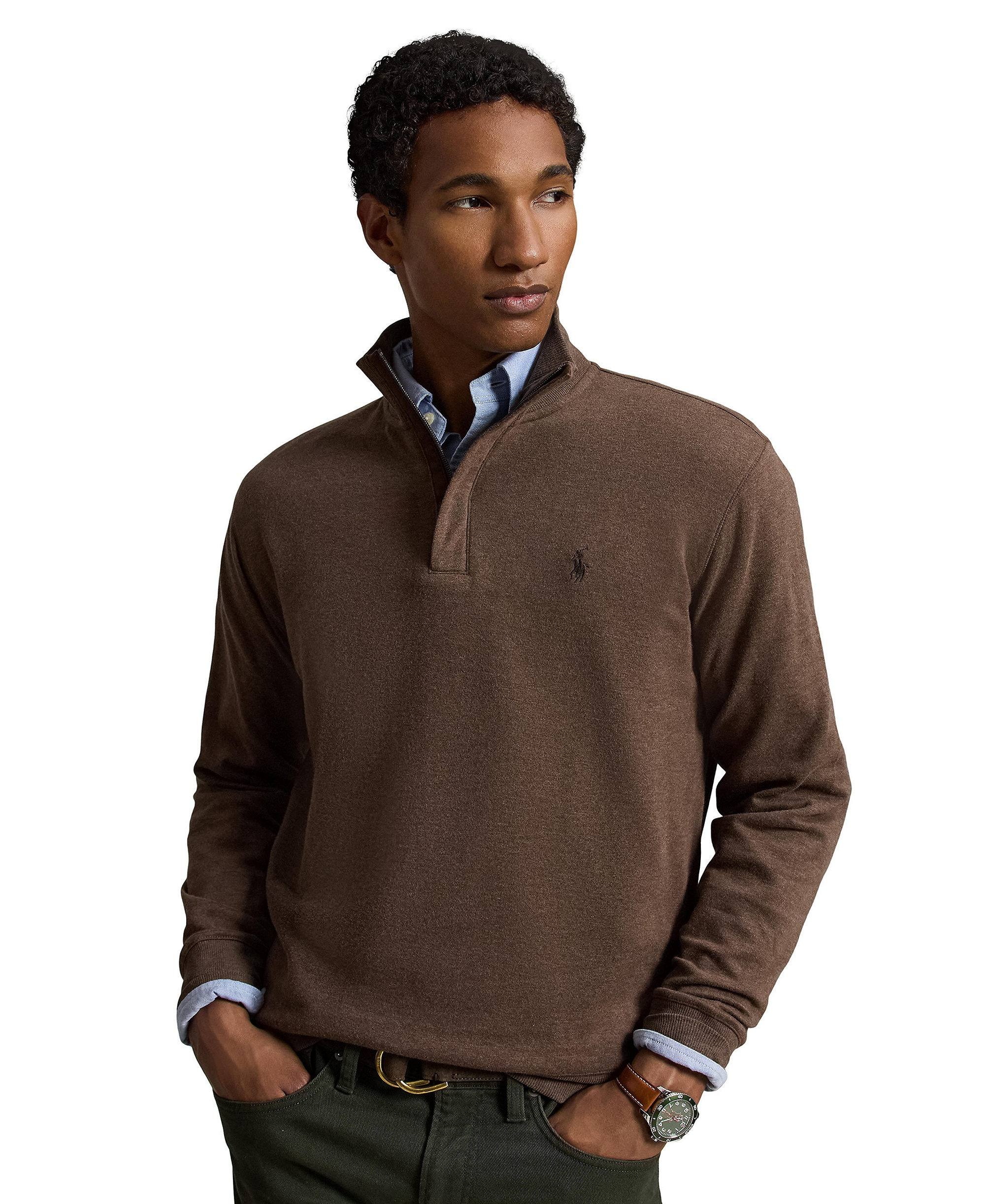 Polo Ralph Lauren Men's Luxury Jersey Quarter-Zip Pullover Sweater - Nutmeg Brown Heather/C8956