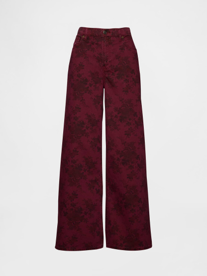 Mid Rise Denim Stripe Baggy Jeans - Red floral print