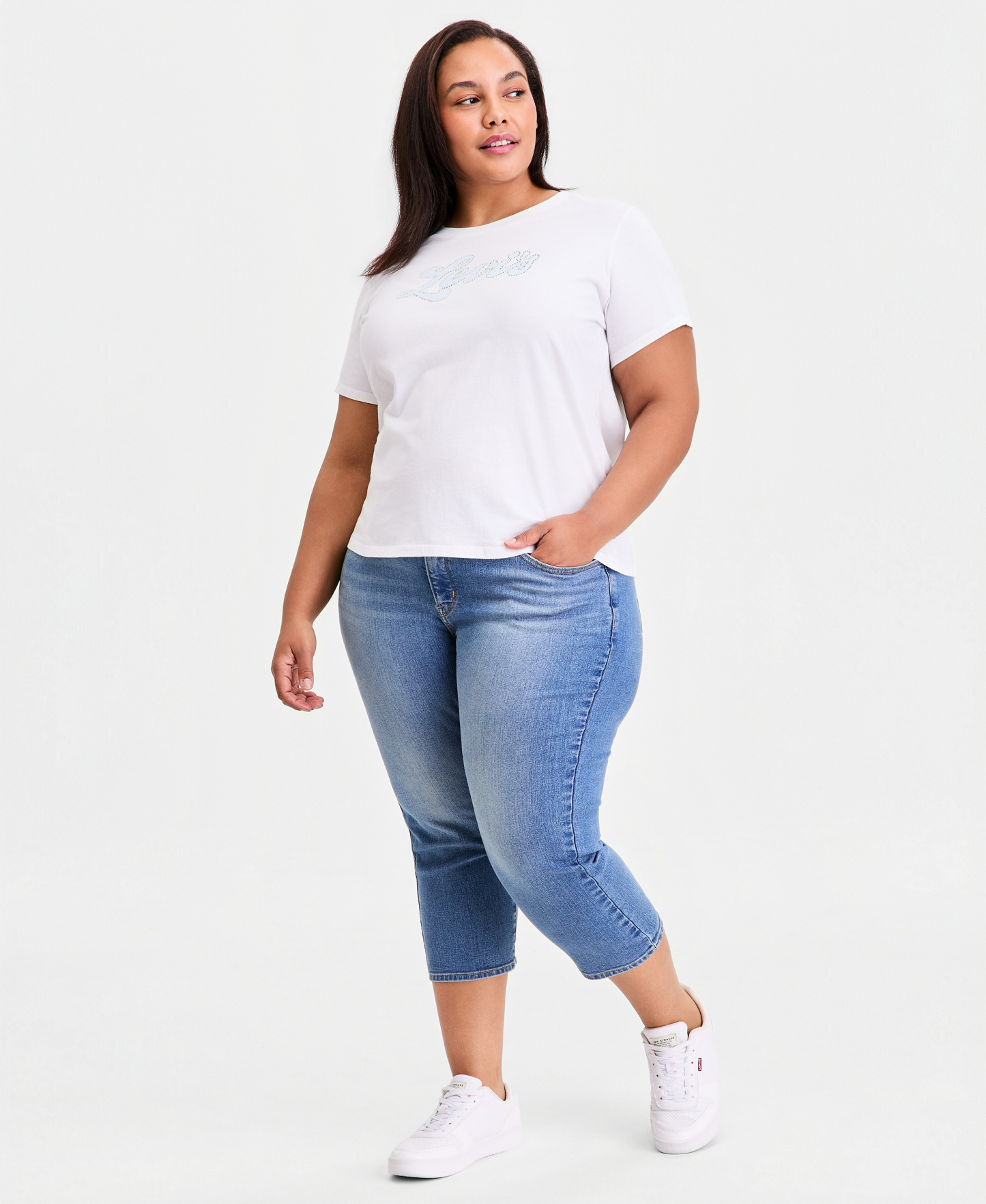 Levi's Plus Size Rhinestone Perfect Graphic Logo Cotton T-Shirt - Rhinestone Sporty Levis Bright White