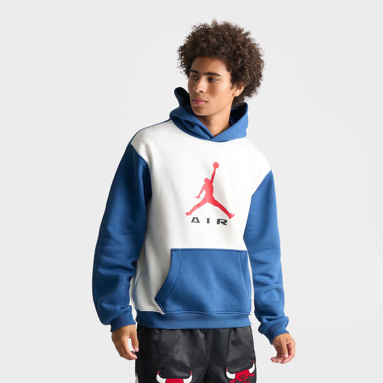 Men's Jordan Brooklyn Jumpman Air Fleece Colorblocked Pullover Hoodie - Sail/True Blue/University Red - view 3