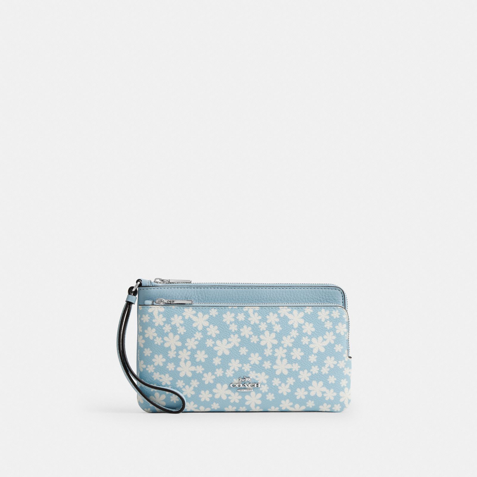Double Zip Wristlet With Floral Print - Silver/Blue Multi
