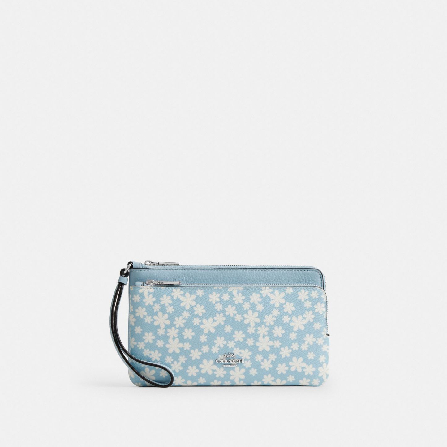 Double Zip Wristlet With Floral Print - Silver/Blue Multi
