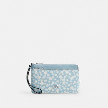 Double Zip Wristlet With Floral Print - Silver/Blue Multi