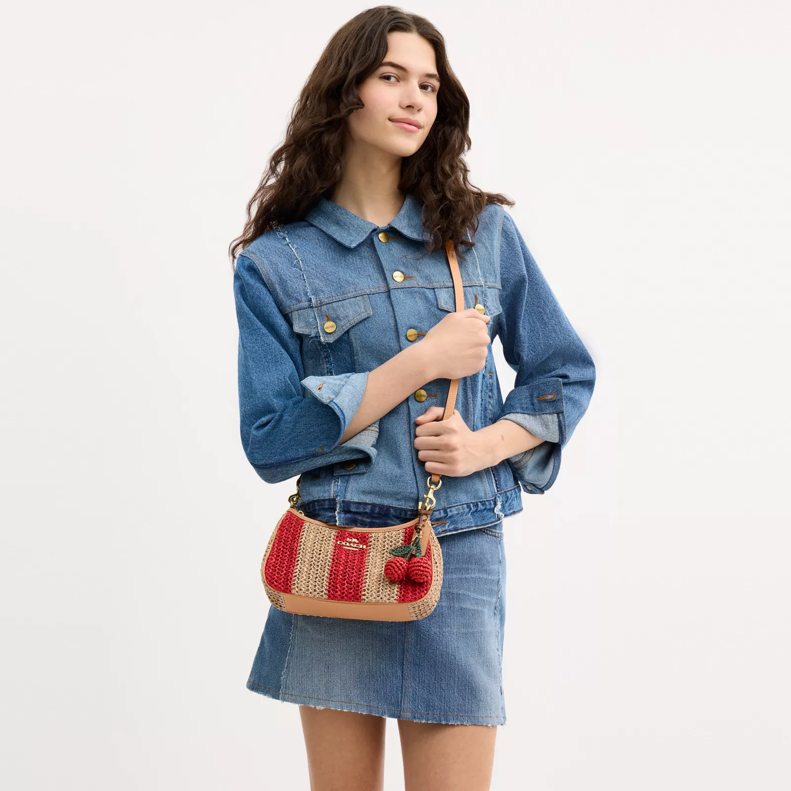 Teri Shoulder Bag With Stripes And Charm - Gold/Red/Tan - view 3