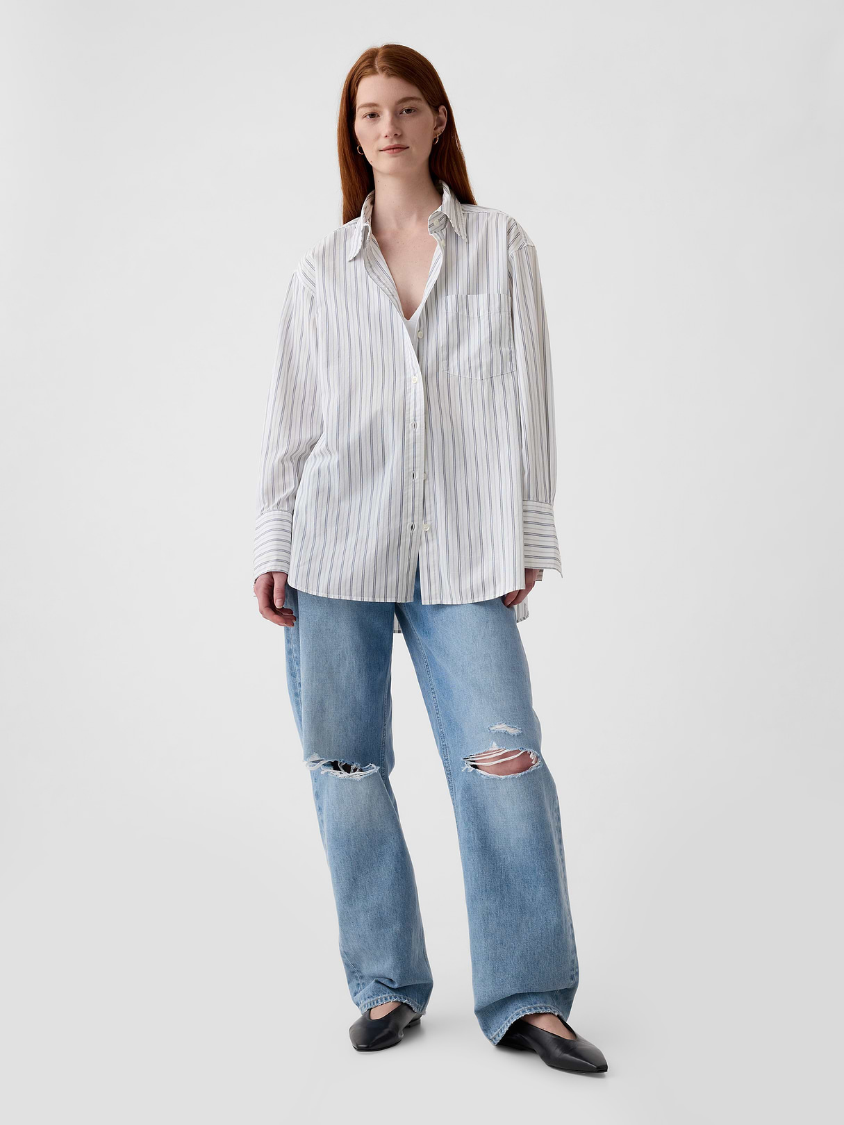 Organic Cotton Poplin Stripe Big Shirt - white & blue stripe