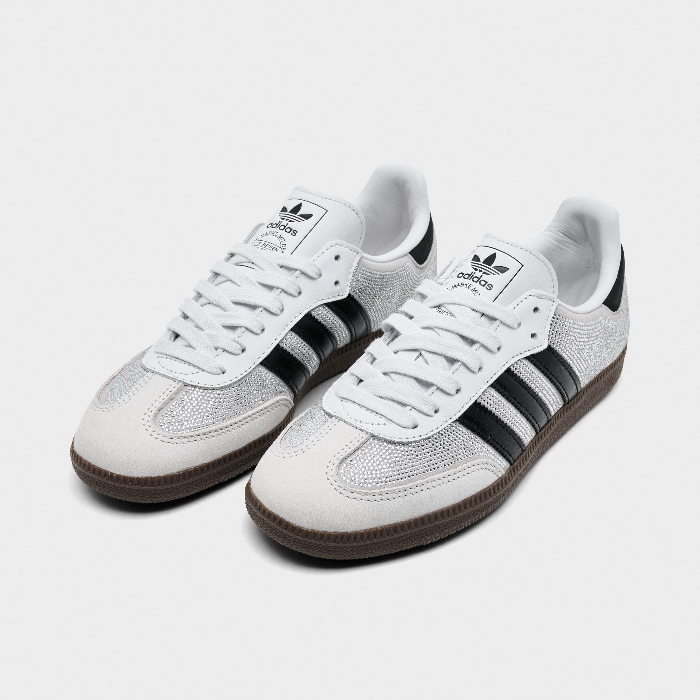 Women's adidas Originals Samba OG Rhinestone Casual Shoes - Crystal White/Core White/Silver Metallic - Both shoes facing left