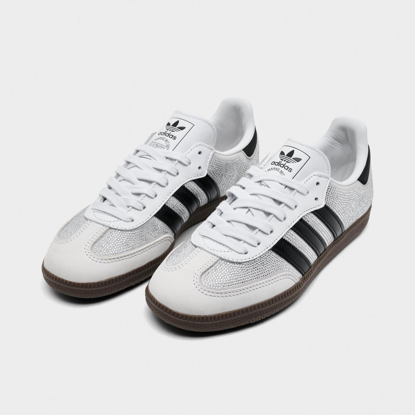 Women's adidas Originals Samba OG Rhinestone Casual Shoes - Crystal White/Core White/Silver Metallic - Both shoes facing left