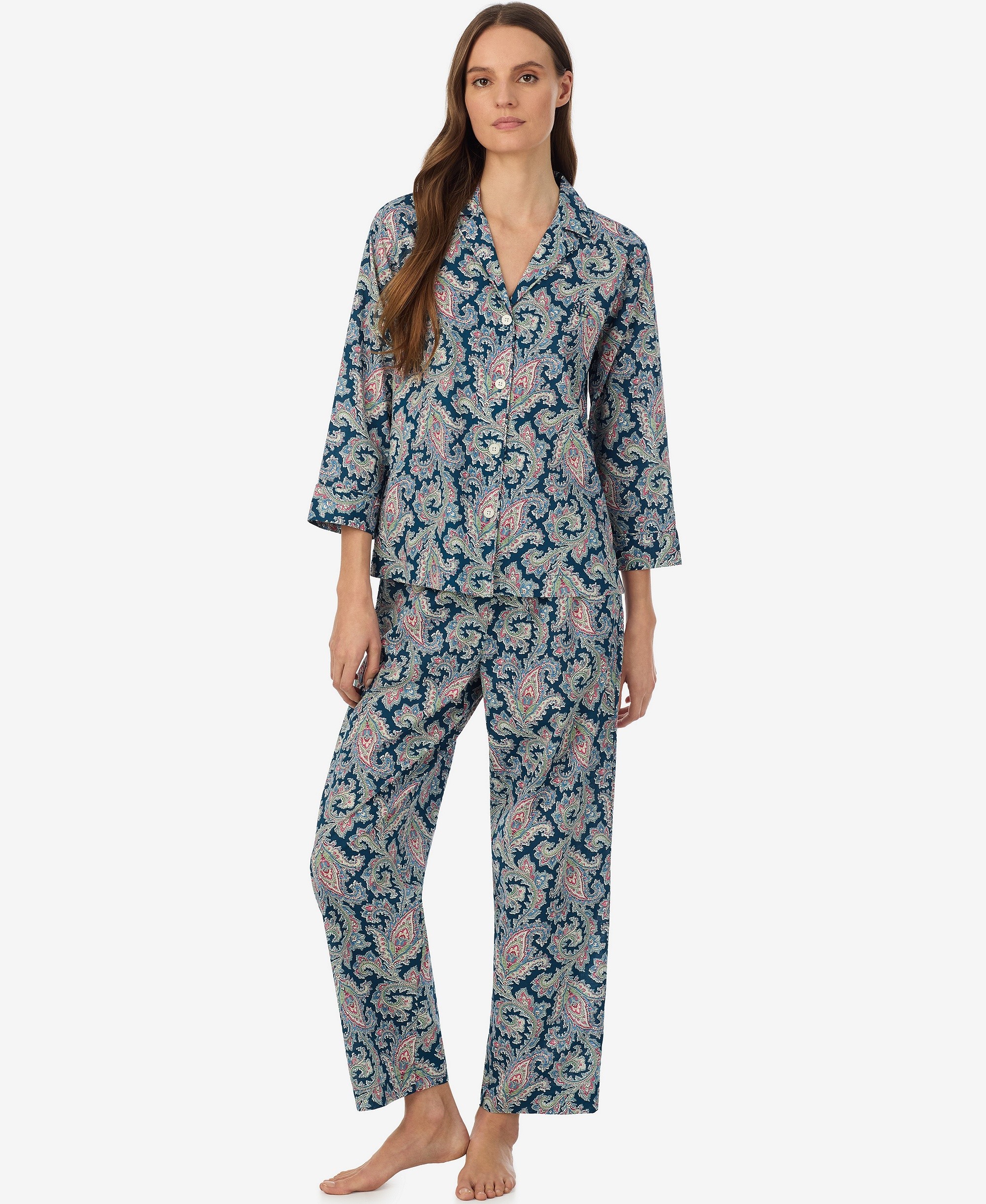 Lauren Ralph Lauren Women's Notch Collar Top and Ankle-Length Pajama Pants, 2-Piece Set - Multi Paisley Blue