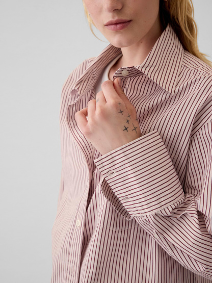 Organic Cotton Poplin Stripe Big Shirt - Red and pink stripe