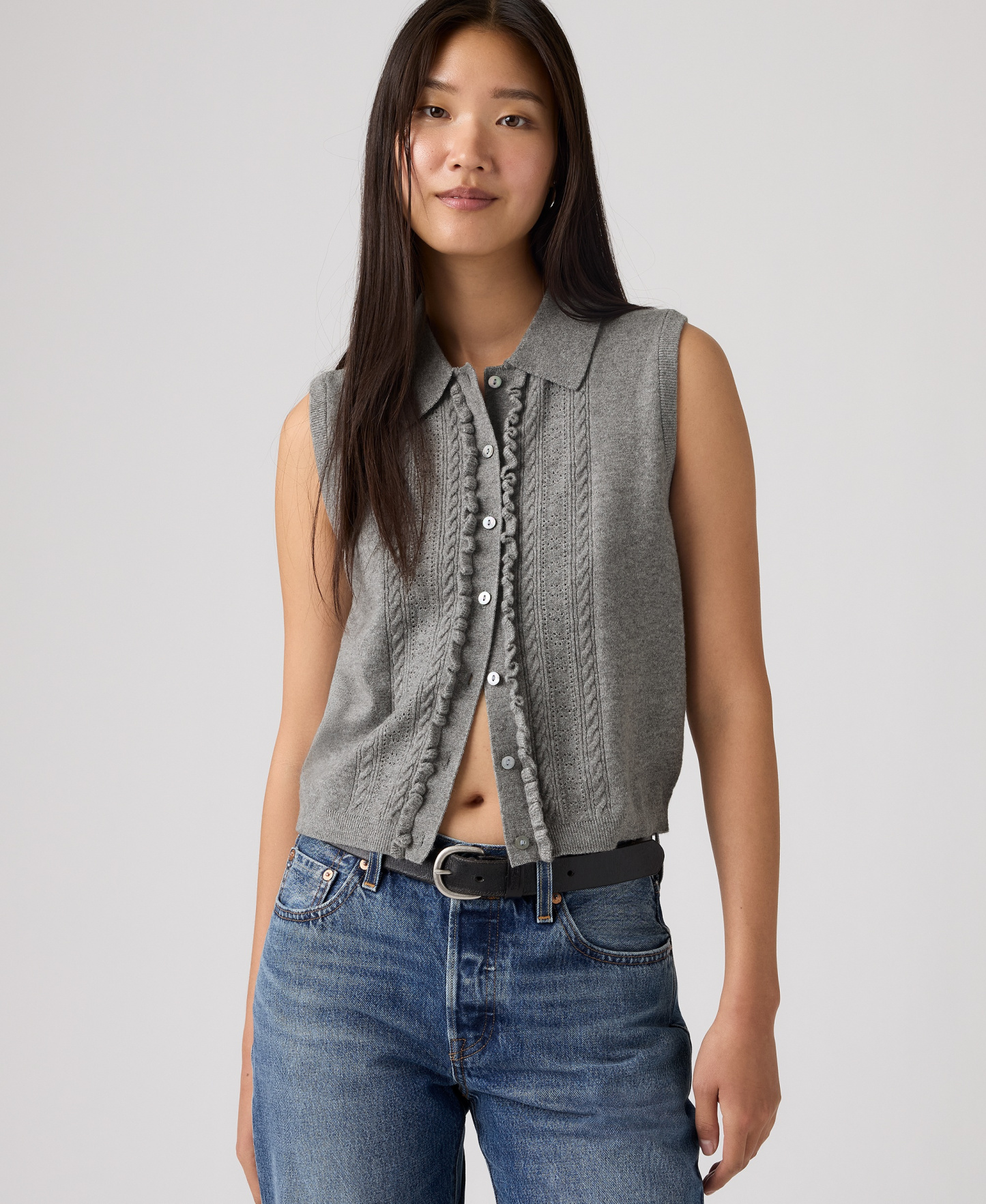 Levi's Premium Women's Super Soft Mini Ruffle-Sleeveless Collared Vest - Dark Heather Gray Bros Bcvc38
