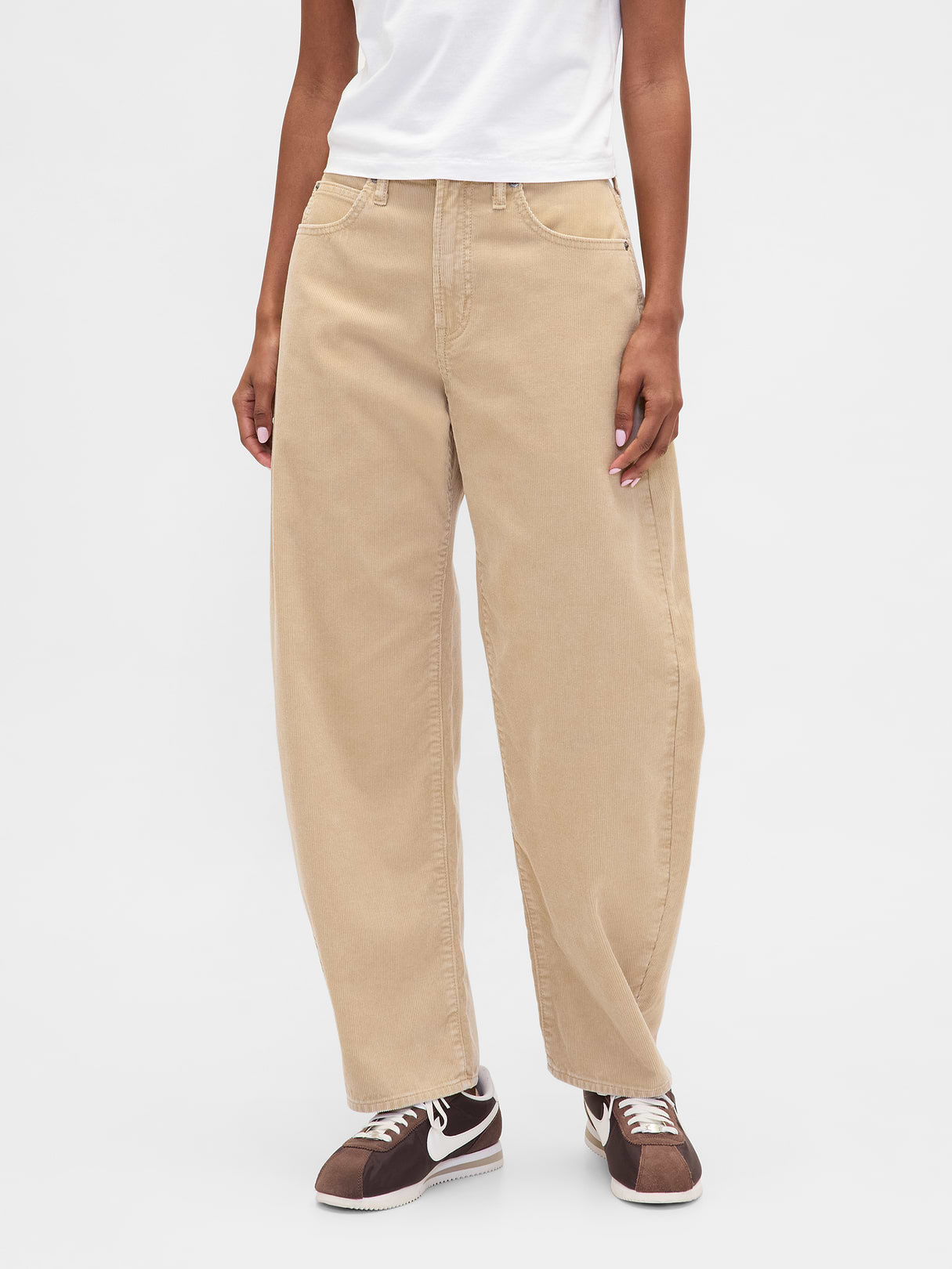 High Rise Khaki Stripe Barrel Jeans - Iconic khaki tan