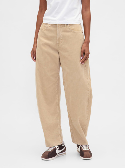 High Rise Khaki Stripe Barrel Jeans - Iconic khaki tan