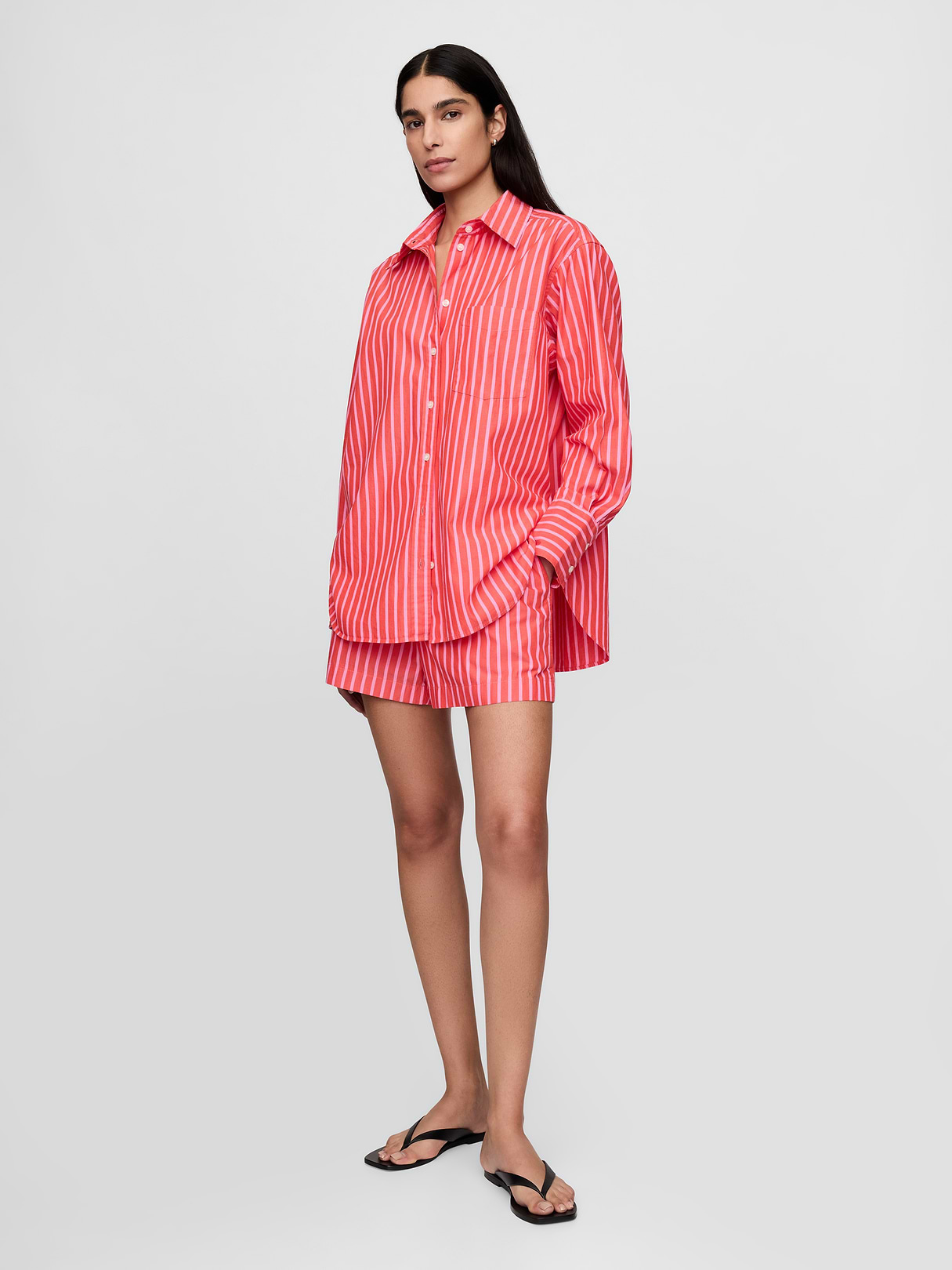Organic Cotton Poplin Stripe Big Shirt - Red and pink stripe