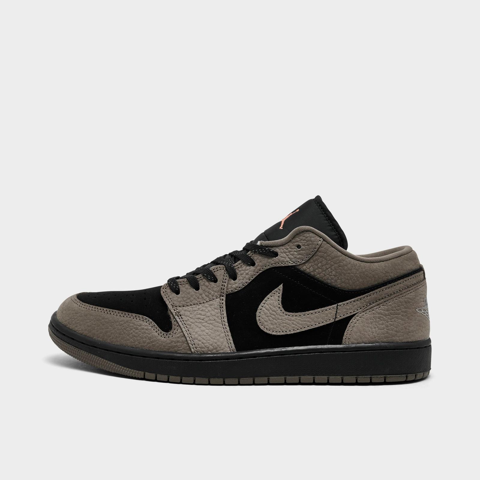 Men's Air Jordan Retro 1 Low SE Casual Shoes - Black/Olive Grey/Light Wild Mango - Left shoe facing left. Outside of the shoe. - view 1