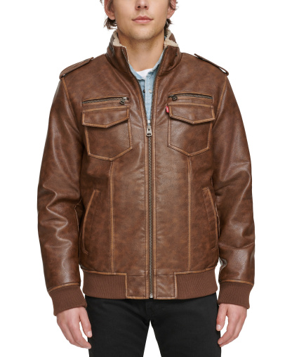 Levi's Men's Sherpa Lined Faux Leather Aviator Bomber - Saddle