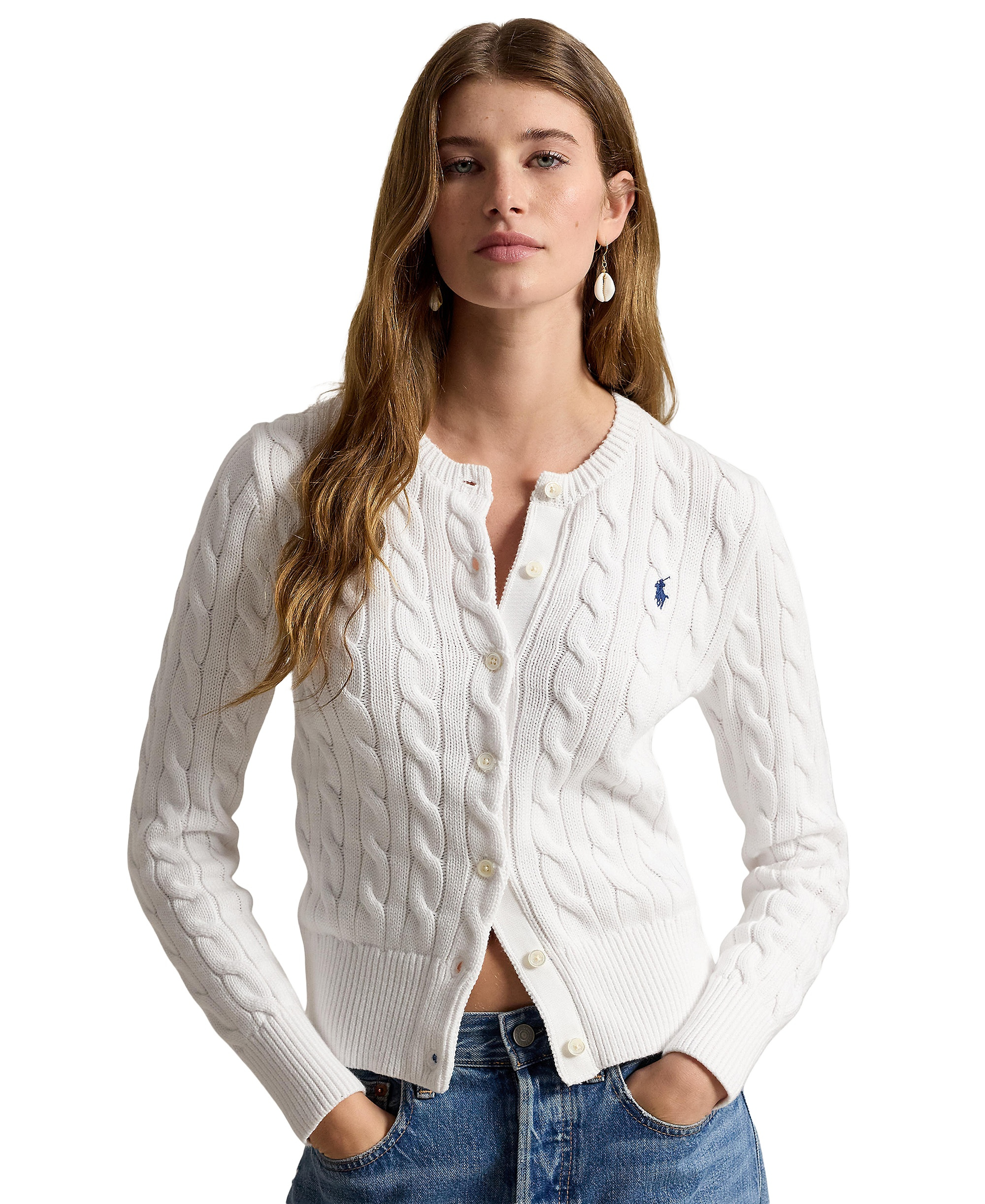 Polo Ralph Lauren Women's Cable-Knit Cotton Crewneck Cardigan Sweater - White