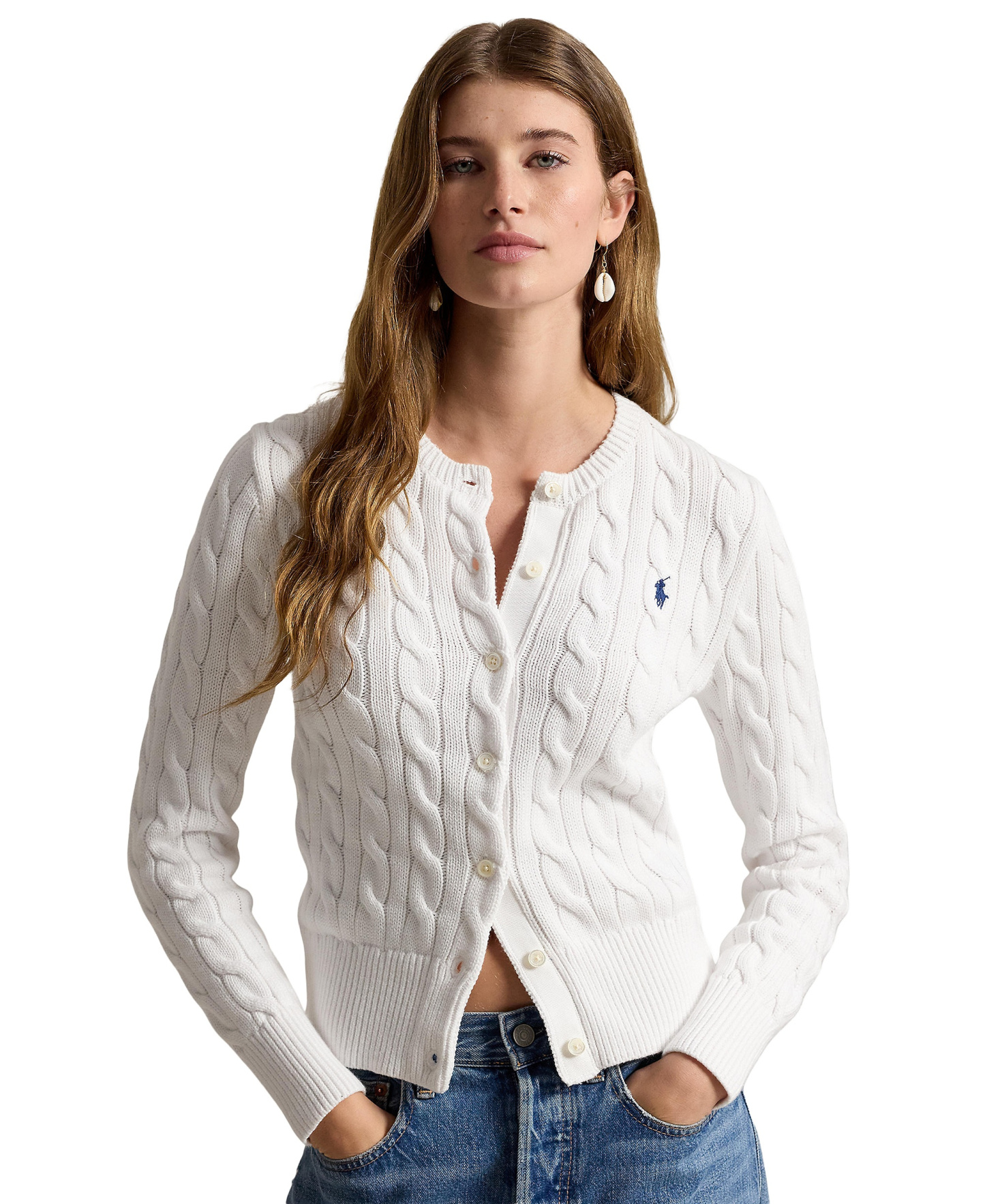 Polo Ralph Lauren Women's Cable-Knit Cotton Crewneck Cardigan Sweater - White