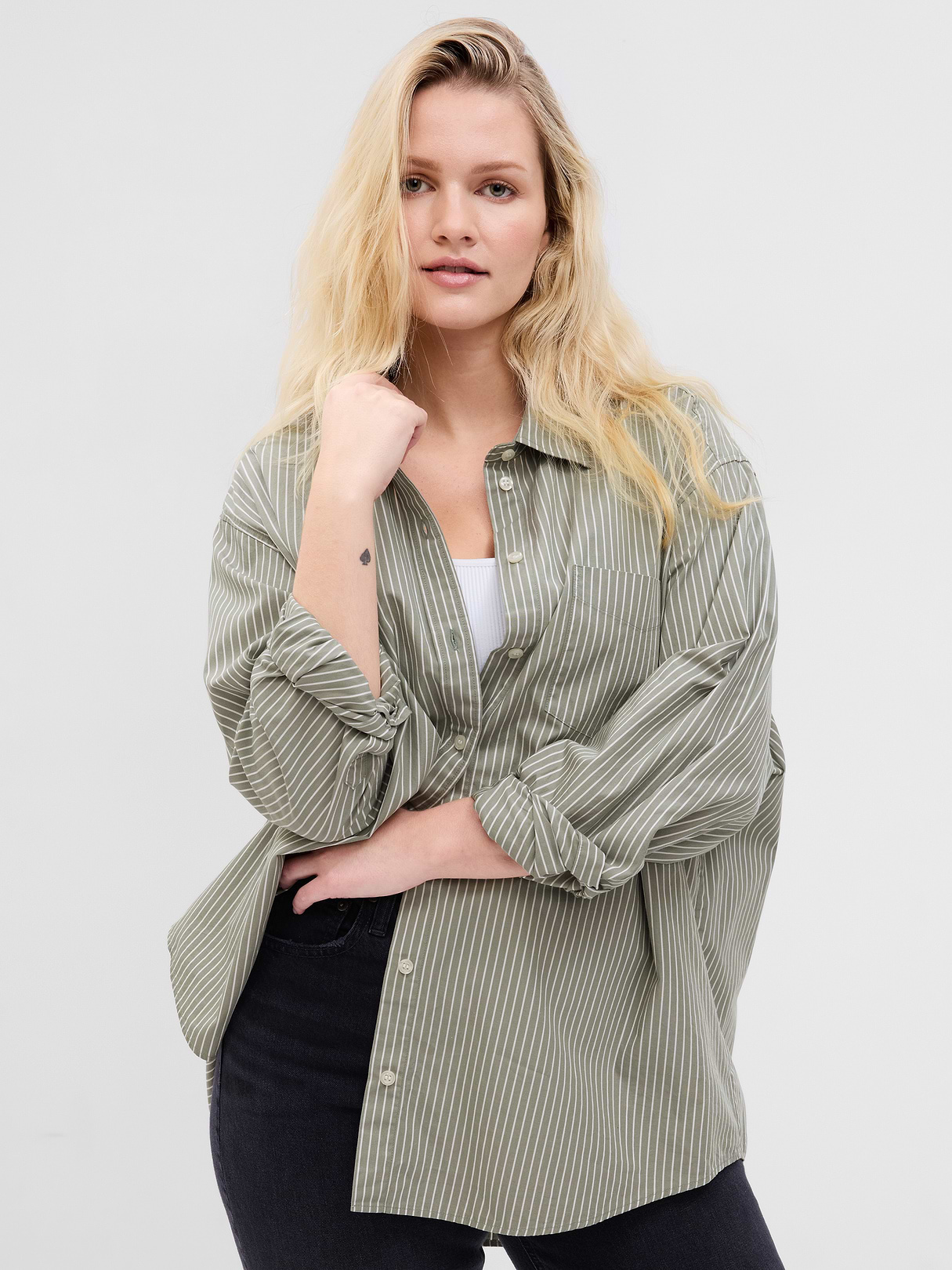 Organic Cotton Poplin Stripe Big Shirt - olive green stripe