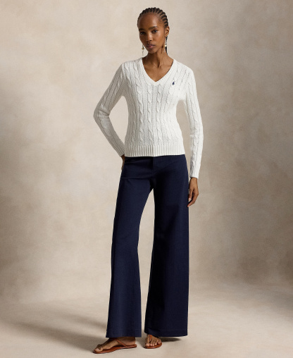 Polo Ralph Lauren Women's Cable-Knit Cotton V-Neck Sweater - White