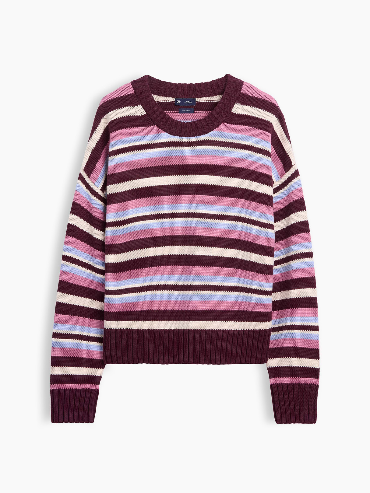100% Cotton Oversized Crop Sweater - Purple burgundy & blue multi stripe