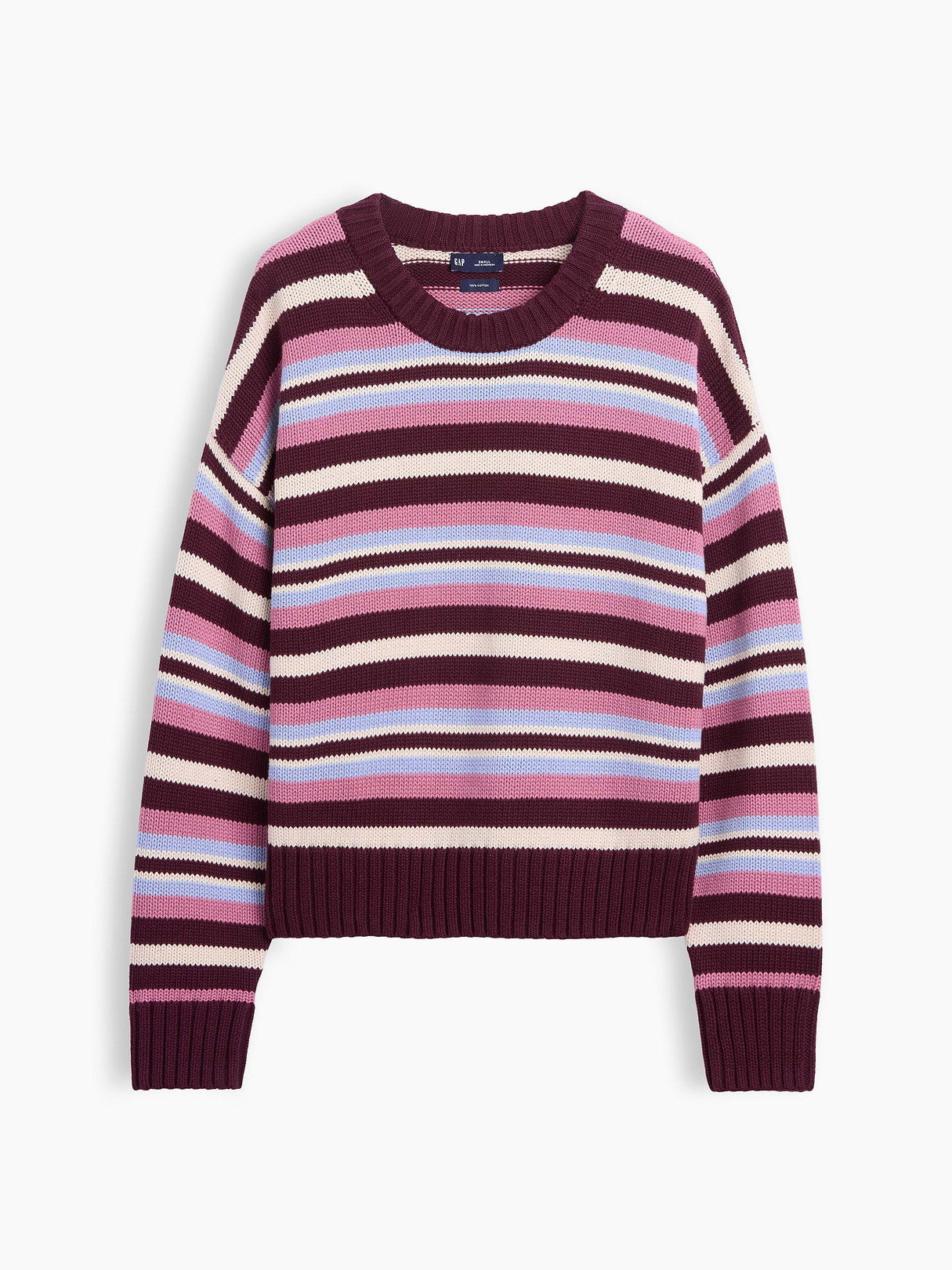100% Cotton Oversized Crop Sweater - Purple burgundy & blue multi stripe